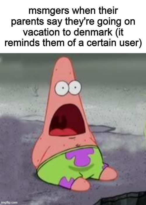 Suprised Patrick | msmgers when their parents say they're going on vacation to denmark (it reminds them of a certain user) | image tagged in suprised patrick | made w/ Imgflip meme maker
