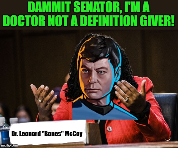Bones always had the best answers like that. | DAMMIT SENATOR, I'M A DOCTOR NOT A DEFINITION GIVER! Dr. Leonard "Bones" McCoy | image tagged in ketanji brown jackson,jackson,supreme court,senate,star trek | made w/ Imgflip meme maker