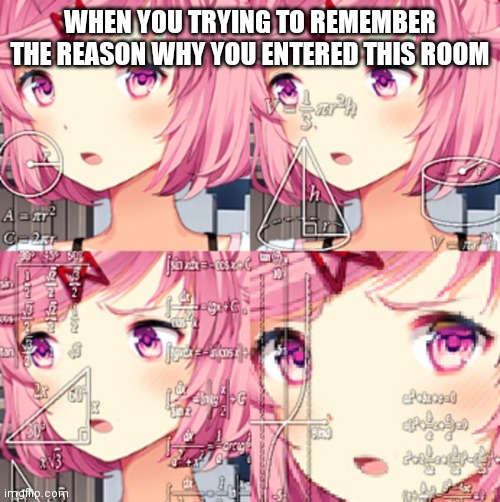 "why i am entering this room" | WHEN YOU TRYING TO REMEMBER THE REASON WHY YOU ENTERED THIS ROOM | image tagged in natsuki ddlc,memes,relatable | made w/ Imgflip meme maker