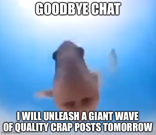 Fish | GOODBYE CHAT; I WILL UNLEASH A GIANT WAVE OF QUALITY CRAP POSTS TOMORROW | image tagged in fish | made w/ Imgflip meme maker