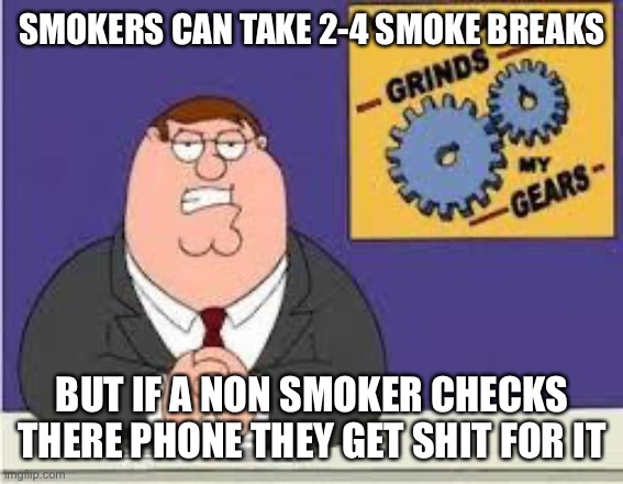 Non smokers | SMOKERS CAN TAKE 2-4 SMOKE BREAKS; BUT IF A NON SMOKER CHECKS THERE PHONE THEY GET SHIT FOR IT | image tagged in you know what really grinds my gears | made w/ Imgflip meme maker