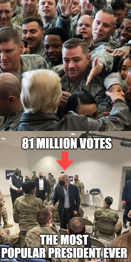 spot the difference | 81 MILLION VOTES; THE MOST POPULAR PRESIDENT EVER | image tagged in brandon,trump,military,votes | made w/ Imgflip meme maker