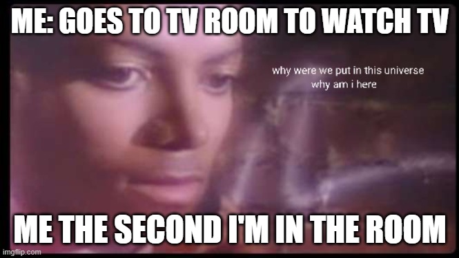 Why am I here? | ME: GOES TO TV ROOM TO WATCH TV; ME THE SECOND I'M IN THE ROOM | image tagged in why am i here | made w/ Imgflip meme maker