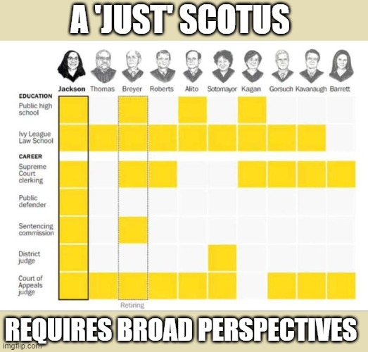 GOP leadership rejects most qualified SCOTUS nominee in decades because ??? | A 'JUST' SCOTUS; REQUIRES BROAD PERSPECTIVES | image tagged in scotus,ketanji brown jackson,mitch mcconnell,ben sasse,gop corruption,political/religious ideology | made w/ Imgflip meme maker