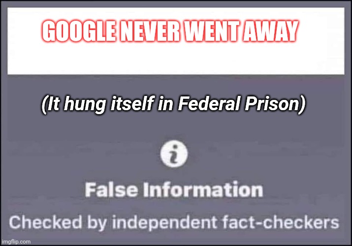 false information checked by independent fact-checkers | GOOGLE NEVER WENT AWAY (It hung itself in Federal Prison) | image tagged in false information checked by independent fact-checkers | made w/ Imgflip meme maker