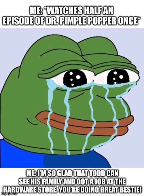 Pepe happy crying |  ME: *WATCHES HALF AN EPISODE OF DR. PIMPLE POPPER ONCE*; ME: I’M SO GLAD THAT TODD CAN SEE HIS FAMILY AND GOT A JOB AT THE HARDWARE STORE. YOU’RE DOING GREAT BESTIE! | image tagged in pepe happy crying | made w/ Imgflip meme maker