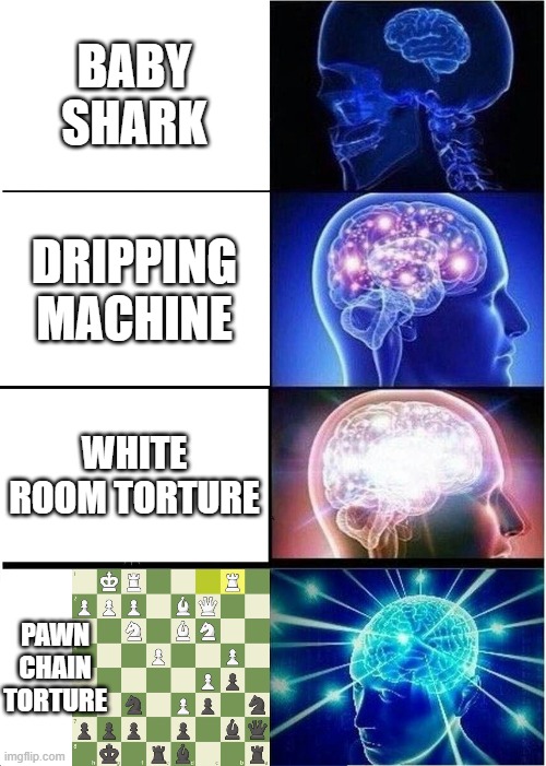 Expanding Brain | BABY SHARK; DRIPPING MACHINE; WHITE ROOM TORTURE; PAWN CHAIN TORTURE | image tagged in memes,expanding brain,chess | made w/ Imgflip meme maker