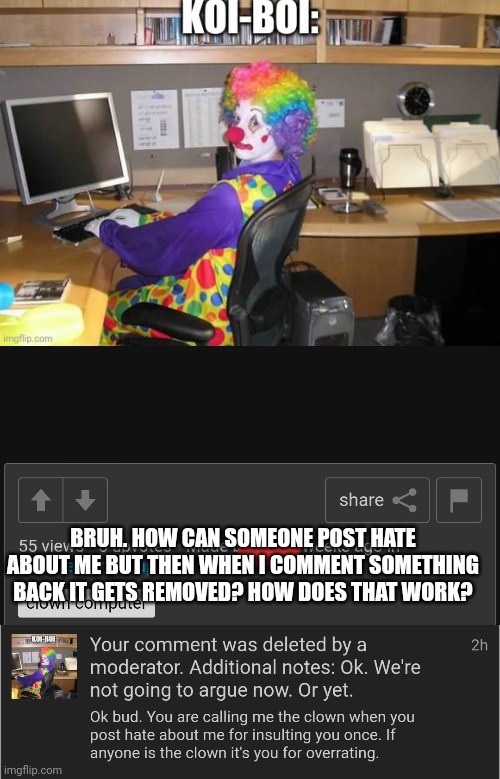 BRUH. HOW CAN SOMEONE POST HATE ABOUT ME BUT THEN WHEN I COMMENT SOMETHING BACK IT GETS REMOVED? HOW DOES THAT WORK? | made w/ Imgflip meme maker