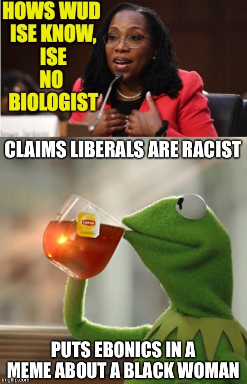 CLAIMS LIBERALS ARE RACIST; PUTS EBONICS IN A MEME ABOUT A BLACK WOMAN | image tagged in memes,but that's none of my business | made w/ Imgflip meme maker