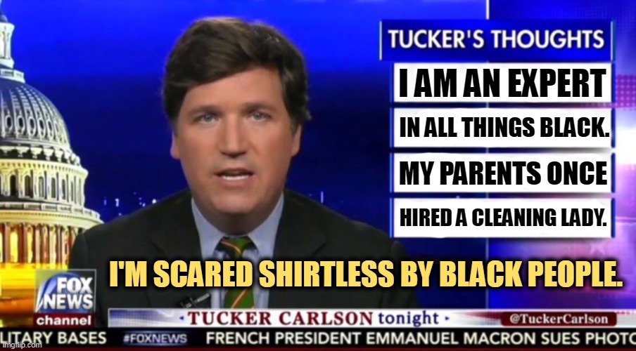 Preppy *sshole never grew up. | I AM AN EXPERT; IN ALL THINGS BLACK. MY PARENTS ONCE; HIRED A CLEANING LADY. I'M SCARED SHIRTLESS BY BLACK PEOPLE. | image tagged in tucker carlson,greedy,bigot,disgusting,racist | made w/ Imgflip meme maker