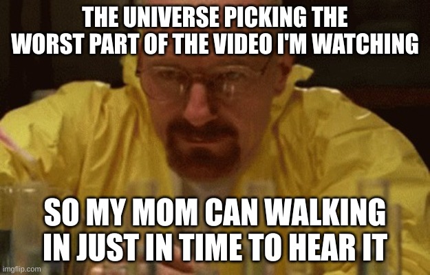 the timing is just too inconvenient | THE UNIVERSE PICKING THE WORST PART OF THE VIDEO I'M WATCHING; SO MY MOM CAN WALKING IN JUST IN TIME TO HEAR IT | image tagged in walter white cooking | made w/ Imgflip meme maker