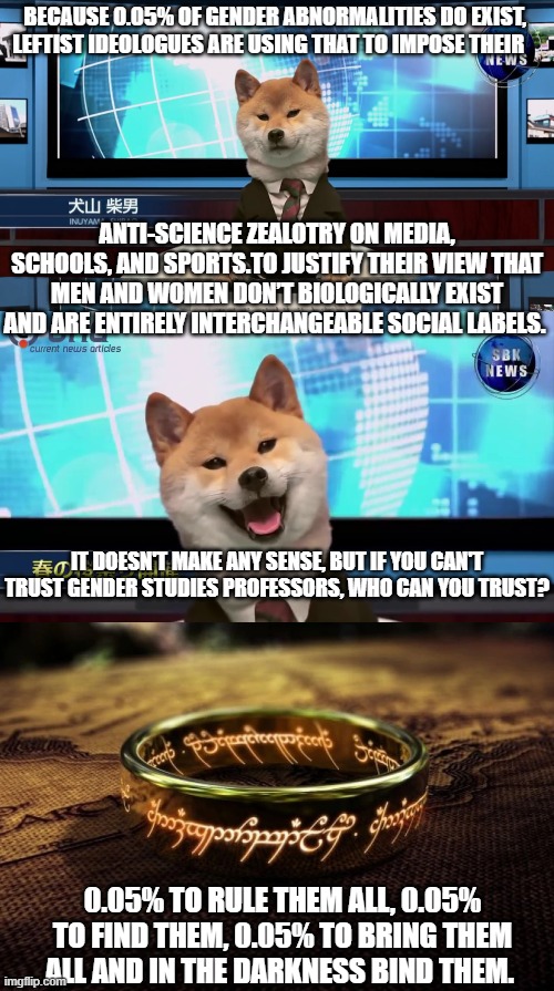 The 'science' behind radical leftist ideology. | BECAUSE 0.05% OF GENDER ABNORMALITIES DO EXIST, LEFTIST IDEOLOGUES ARE USING THAT TO IMPOSE THEIR; ANTI-SCIENCE ZEALOTRY ON MEDIA, SCHOOLS, AND SPORTS.TO JUSTIFY THEIR VIEW THAT MEN AND WOMEN DON’T BIOLOGICALLY EXIST AND ARE ENTIRELY INTERCHANGEABLE SOCIAL LABELS. IT DOESN'T MAKE ANY SENSE, BUT IF YOU CAN'T TRUST GENDER STUDIES PROFESSORS, WHO CAN YOU TRUST? 0.05% TO RULE THEM ALL, 0.05% TO FIND THEM, 0.05% TO BRING THEM ALL AND IN THE DARKNESS BIND THEM. | image tagged in one ring to rule them | made w/ Imgflip meme maker