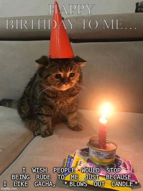 Please! Just stop! | HAPPY BIRTHDAY TO ME…; I WISH PEOPLE WOULD STOP BEING RUDE TO ME JUST BECAUSE I LIKE GACHA, *BLOWS OUT CANDLE* | image tagged in sad birthday cat,sad,stop | made w/ Imgflip meme maker