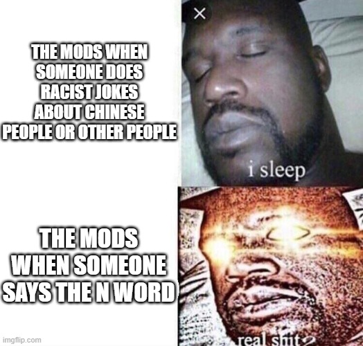 The mods be like | THE MODS WHEN SOMEONE DOES RACIST JOKES ABOUT CHINESE PEOPLE OR OTHER PEOPLE; THE MODS WHEN SOMEONE SAYS THE N WORD | image tagged in i sleep real shit | made w/ Imgflip meme maker