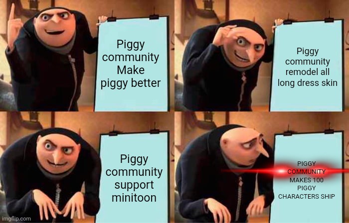 Piggy community | Piggy community Make piggy better; Piggy community remodel all long dress skin; Piggy community support minitoon; PIGGY COMMUNITY MAKES 100 PIGGY CHARACTERS SHIP | image tagged in memes,gru's plan | made w/ Imgflip meme maker