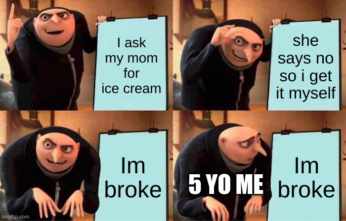 Gru's Plan | I ask my mom for ice cream; she says no so i get it myself; Im broke; Im broke; 5 YO ME | image tagged in memes,gru's plan,relatable,stop reading the tags,extra tag i decided to put to prove your reading the tags | made w/ Imgflip meme maker