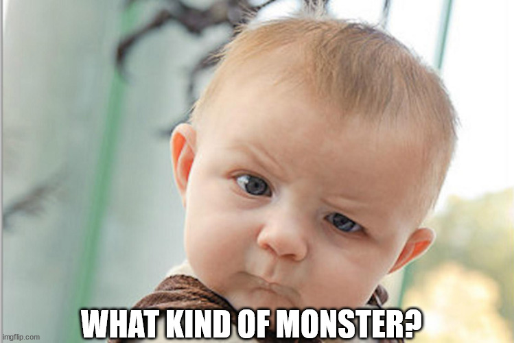 Quiz Baby | WHAT KIND OF MONSTER? | image tagged in quiz baby | made w/ Imgflip meme maker