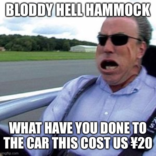 Bottome Gear | BLODDY HELL HAMMOCK WHAT HAVE YOU DONE TO THE CAR THIS COST US ¥20 | image tagged in bottome gear | made w/ Imgflip meme maker