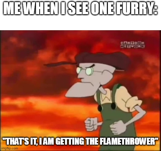 That's it, I'm getting me mallet | ME WHEN I SEE ONE FURRY:; "THAT'S IT, I AM GETTING THE FLAMETHROWER" | image tagged in that's it i'm getting me mallet | made w/ Imgflip meme maker