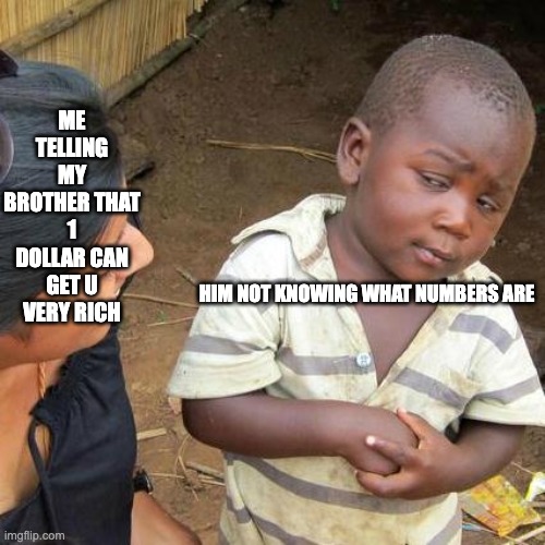 Third World Skeptical Kid | ME TELLING MY BROTHER THAT 1 DOLLAR CAN GET U VERY RICH; HIM NOT KNOWING WHAT NUMBERS ARE | image tagged in memes,third world skeptical kid | made w/ Imgflip meme maker