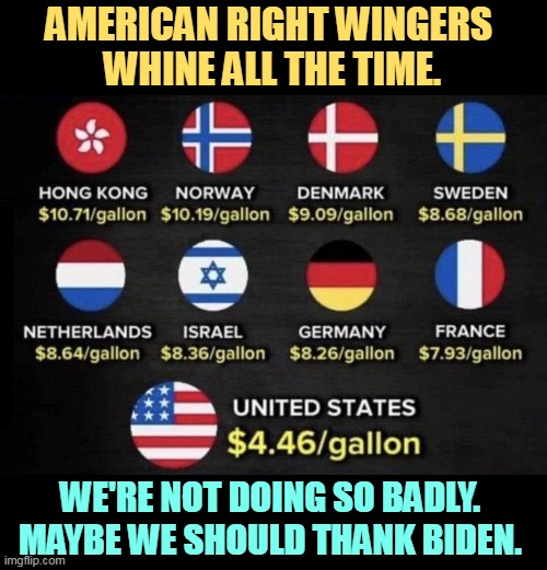 Gasoline prices around the world | AMERICAN RIGHT WINGERS 
WHINE ALL THE TIME. WE'RE NOT DOING SO BADLY.
MAYBE WE SHOULD THANK BIDEN. | image tagged in gasoline prices around the world,oil,gas,prices,gas prices | made w/ Imgflip meme maker