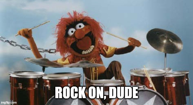 Animal on Drums | ROCK ON, DUDE | image tagged in animal on drums | made w/ Imgflip meme maker