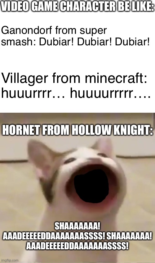Video game character noises | VIDEO GAME CHARACTER BE LIKE:; Ganondorf from super smash: Dubiar! Dubiar! Dubiar! Villager from minecraft: huuurrrr… huuuurrrrr…. HORNET FROM HOLLOW KNIGHT:; SHAAAAAAA! AAADEEEEEDDAAAAAAASSSS! SHAAAAAAA! AAADEEEEEDDAAAAAAASSSS! | image tagged in pop cat,minecraft villagers,ganondorf,hornet,noise | made w/ Imgflip meme maker