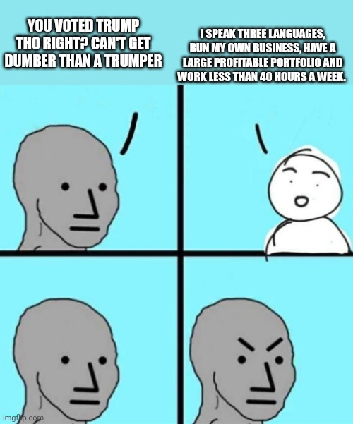 Angry npc wojak | YOU VOTED TRUMP THO RIGHT? CAN'T GET DUMBER THAN A TRUMPER I SPEAK THREE LANGUAGES, RUN MY OWN BUSINESS, HAVE A LARGE PROFITABLE PORTFOLIO A | image tagged in angry npc wojak | made w/ Imgflip meme maker