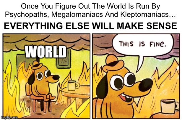 The further a society drifts from truth the more it will hate those who speak it. | Once You Figure Out The World Is Run By Psychopaths, Megalomaniacs And Kleptomaniacs…; EVERYTHING ELSE WILL MAKE SENSE; WORLD | image tagged in political meme,this is fine,cancel culture,nwo | made w/ Imgflip meme maker