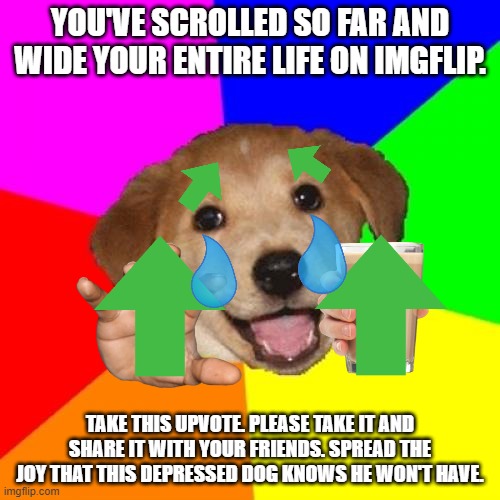 Advice Dog Meme | YOU'VE SCROLLED SO FAR AND WIDE YOUR ENTIRE LIFE ON IMGFLIP. TAKE THIS UPVOTE. PLEASE TAKE IT AND SHARE IT WITH YOUR FRIENDS. SPREAD THE JOY THAT THIS DEPRESSED DOG KNOWS HE WON'T HAVE. | image tagged in memes,advice dog | made w/ Imgflip meme maker