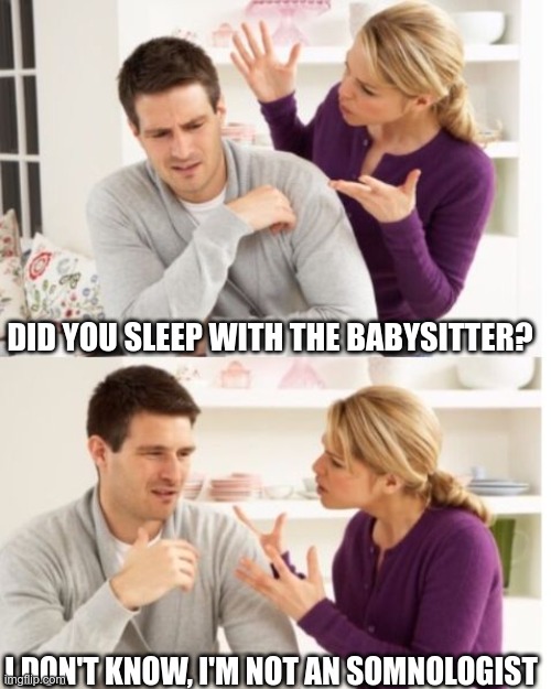 Liberal Argument | DID YOU SLEEP WITH THE BABYSITTER? I DON'T KNOW, I'M NOT AN SOMNOLOGIST | image tagged in arguing couple reverse soc,liberals,valid argument | made w/ Imgflip meme maker