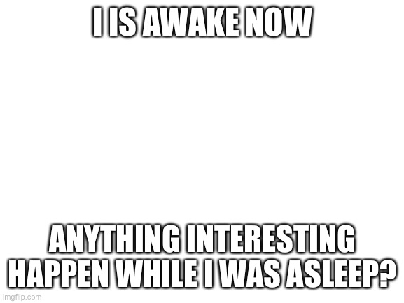 *insert 60s Batman theme here* | I IS AWAKE NOW; ANYTHING INTERESTING HAPPEN WHILE I WAS ASLEEP? | image tagged in blank white template | made w/ Imgflip meme maker