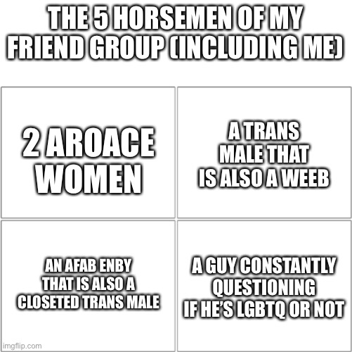 The 4 horsemen of | THE 5 HORSEMEN OF MY FRIEND GROUP (INCLUDING ME); 2 AROACE WOMEN; A TRANS MALE THAT IS ALSO A WEEB; AN AFAB ENBY THAT IS ALSO A CLOSETED TRANS MALE; A GUY CONSTANTLY QUESTIONING IF HE’S LGBTQ OR NOT | image tagged in the 4 horsemen of | made w/ Imgflip meme maker