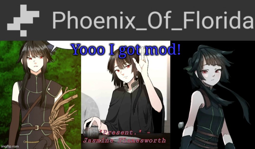 Phoenix's Jasmine Templet | Yooo I got mod! | image tagged in phoenix's jasmine templet | made w/ Imgflip meme maker