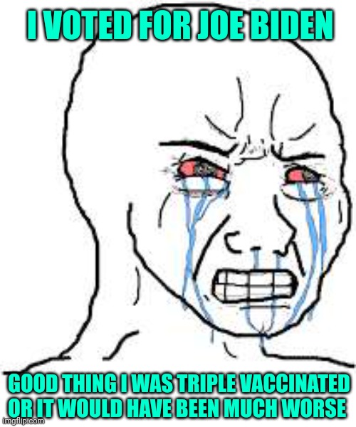 What they tell themselves | I VOTED FOR JOE BIDEN; GOOD THING I WAS TRIPLE VACCINATED OR IT WOULD HAVE BEEN MUCH WORSE | image tagged in wojak,triple vaccinated | made w/ Imgflip meme maker