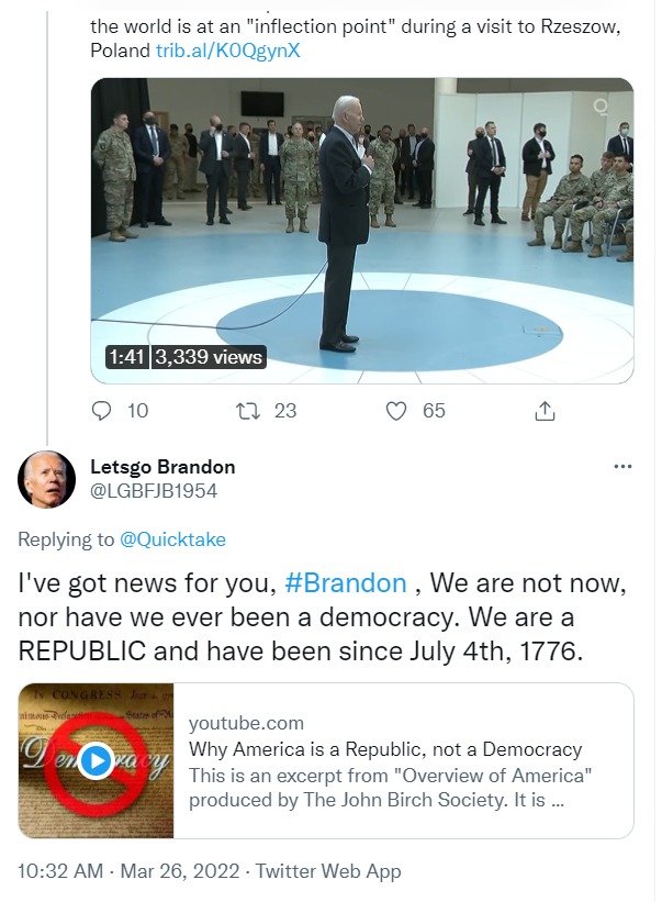 I've got news for you, Brandon. We are not now nor have we ever been a democracy... | image tagged in lets go brandon,democracy,republic,fuck joe biden,illiterate cuck,dementia joe biden | made w/ Imgflip meme maker
