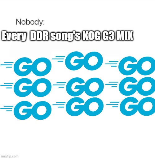 Brilliant 2U, Rhythm and Police, and Boom Boom Dollar just to name a few | Every  DDR song's KOG G3 MIX | image tagged in nobody,ddr,go | made w/ Imgflip meme maker