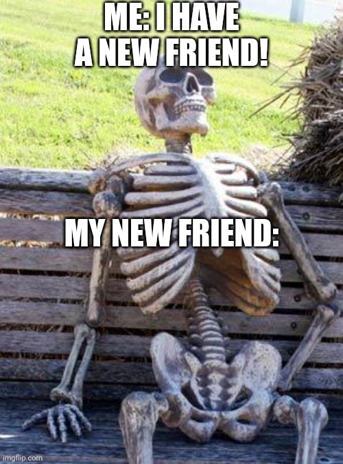 Meet my new friend | ME: I HAVE A NEW FRIEND! MY NEW FRIEND: | image tagged in memes,waiting skeleton | made w/ Imgflip meme maker