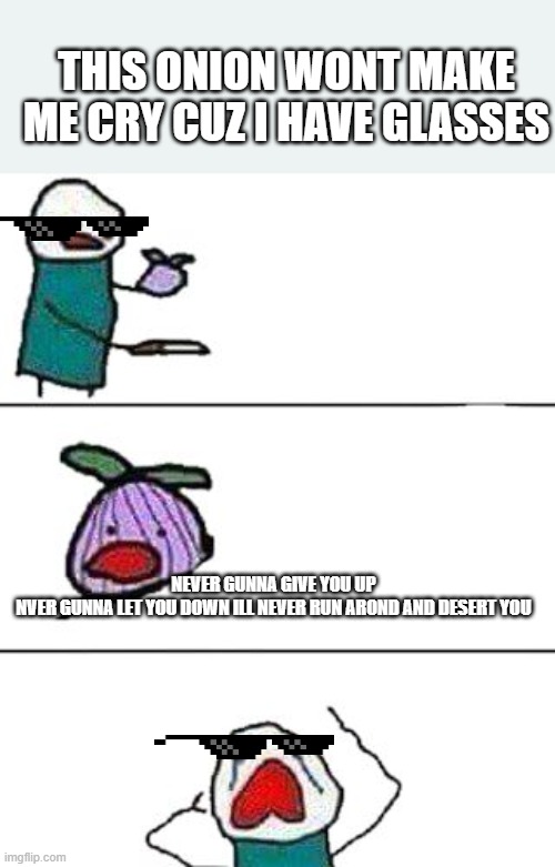 this onion won't make me cry | THIS ONION WONT MAKE ME CRY CUZ I HAVE GLASSES; NEVER GUNNA GIVE YOU UP NVER GUNNA LET YOU DOWN ILL NEVER RUN AROND AND DESERT YOU | image tagged in this onion won't make me cry | made w/ Imgflip meme maker