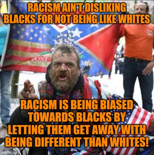 conservative alt right tardo | RACISM AIN'T DISLIKING BLACKS FOR NOT BEING LIKE WHITES RACISM IS BEING BIASED TOWARDS BLACKS BY LETTING THEM GET AWAY WITH BEING DIFFERENT  | image tagged in conservative alt right tardo | made w/ Imgflip meme maker