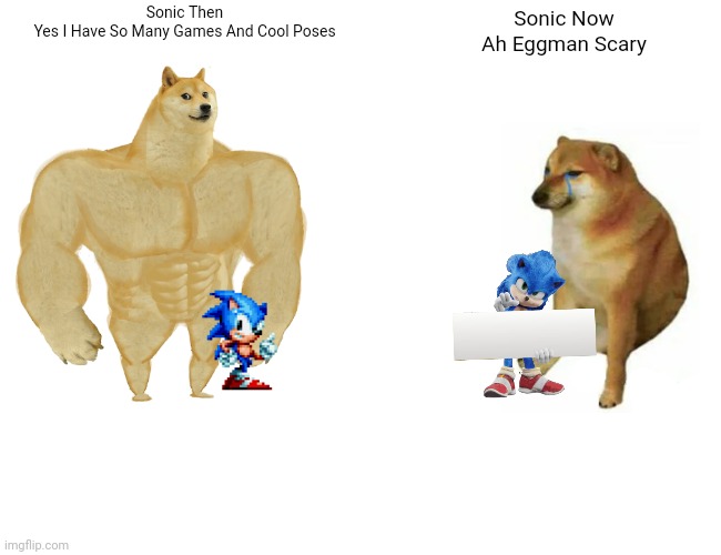 Sobic Now Nd Then |  Sonic Then
Yes I Have So Many Games And Cool Poses; Sonic Now
Ah Eggman Scary | image tagged in memes,buff doge vs cheems | made w/ Imgflip meme maker