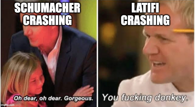 Gordon Ramsay kids vs adults | SCHUMACHER CRASHING; LATIFI CRASHING | image tagged in gordon ramsay kids vs adults,formuladank | made w/ Imgflip meme maker