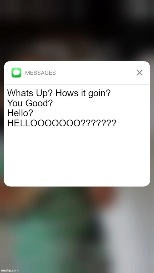 Text Message | Whats Up? Hows it goin?
You Good?
Hello?
HELLOOOOOOO??????? | image tagged in text,message,meme | made w/ Imgflip meme maker