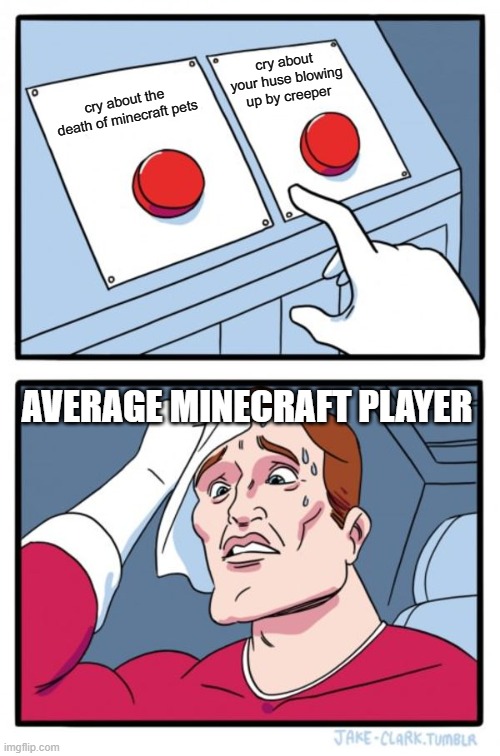 Two Buttons | cry about your huse blowing up by creeper; cry about the death of minecraft pets; AVERAGE MINECRAFT PLAYER | image tagged in memes,two buttons | made w/ Imgflip meme maker