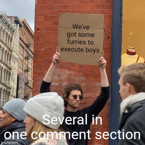 Link to image here: https://imgflip.com/i/6a0f1v and in the comments | We've got some furries to execute boys; Several in one comment section | image tagged in memes,guy holding cardboard sign | made w/ Imgflip meme maker