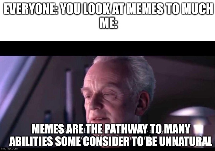 I wanted to make this one a long time ago | EVERYONE: YOU LOOK AT MEMES TO MUCH
ME:; MEMES ARE THE PATHWAY TO MANY ABILITIES SOME CONSIDER TO BE UNNATURAL | image tagged in palpatine dark side of the force | made w/ Imgflip meme maker