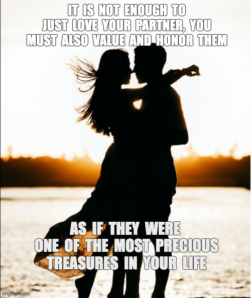 treasures | IT  IS  NOT  ENOUGH  TO  JUST  LOVE  YOUR  PARTNER,  YOU  MUST  ALSO  VALUE  AND  HONOR  THEM; AS  IF  THEY  WERE  ONE  OF  THE  MOST  PRECIOUS TREASURES  IN  YOUR  LIFE | image tagged in partners | made w/ Imgflip meme maker