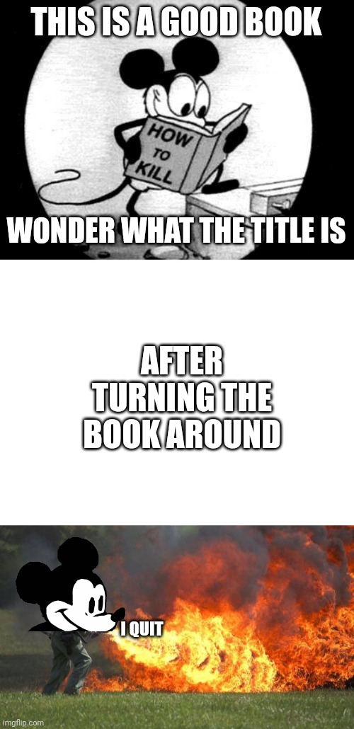 Ummmmmmmmmmmmmmmmmmmm | THIS IS A GOOD BOOK; WONDER WHAT THE TITLE IS; AFTER TURNING THE BOOK AROUND; I QUIT | image tagged in how to kill with mickey mouse,blank white template,flamethrower,there was a violation | made w/ Imgflip meme maker