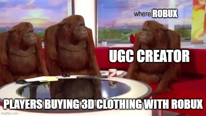 where robux, i made 3d clothing in boblox???? | ROBUX; UGC CREATOR; PLAYERS BUYING 3D CLOTHING WITH ROBUX | image tagged in where banana | made w/ Imgflip meme maker