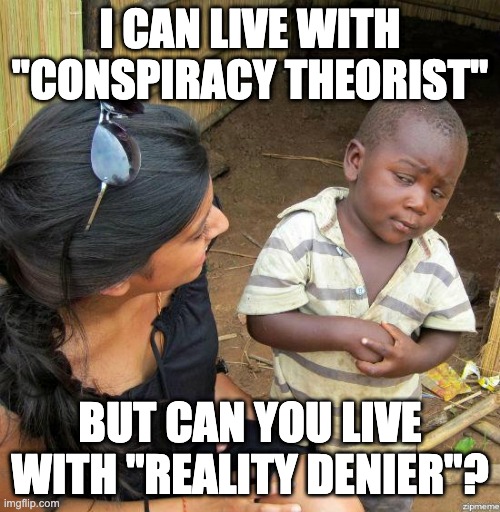 reality denier | I CAN LIVE WITH "CONSPIRACY THEORIST"; BUT CAN YOU LIVE WITH "REALITY DENIER"? | image tagged in black kid,conspiracy theory,matrix | made w/ Imgflip meme maker